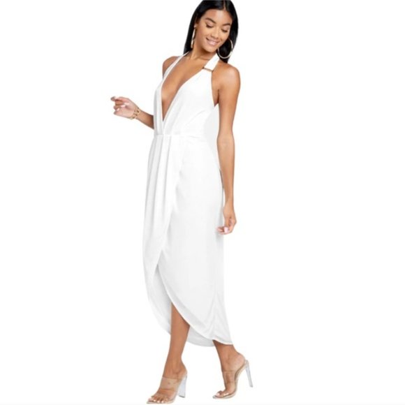 Bebe Asymmetrical Halter Neck Slinky Dress - Egret / M - Picture 3 of 16